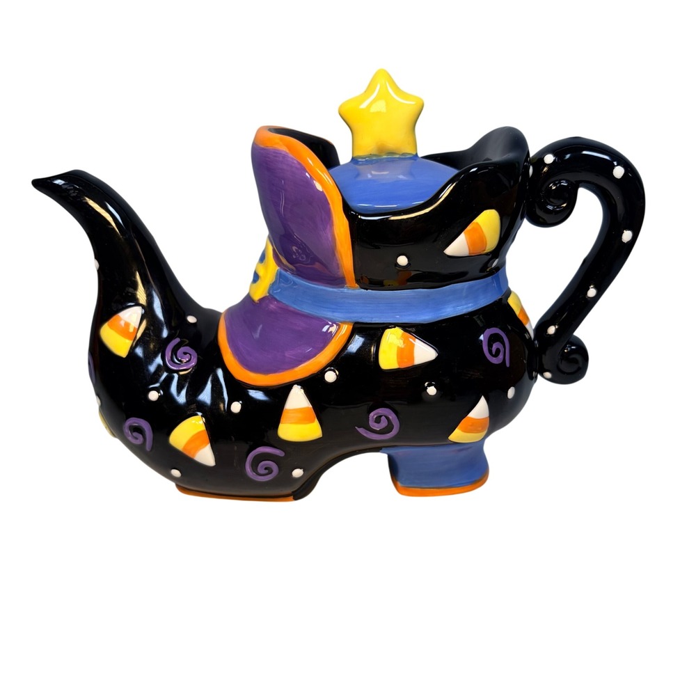 Witch Boot Teapot Whimsical Halloween Decor Black Purple Candy Corn EUC Ceramic